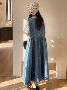 FRIFUL 女士休闲波点印花纽扣牛仔连衣裙，夏季 - 藍色 - 查看 2