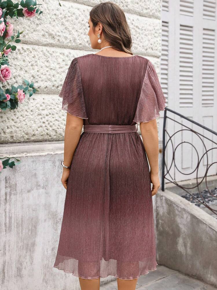 Plus Size Multicolor Casual V Neck Wrap Knee Length Flounce Short Sleeve A Line Dress