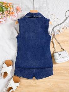 SHEIN Tween Girl Denim Sleeveless Jacket + White Camisole + Blue Denim Shorts 3-Piece Set - Dark Wash - View 2