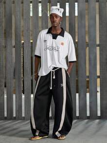 NEON BLANC Men's Casual Loose Sweatpants With Drawstring Waist And Patchwork Design, Suitable For Spring And Autumn - Black - View 6