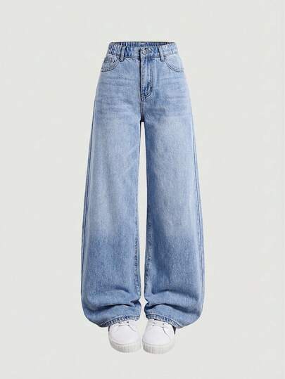 SHEIN Girlism Tween Girl Y2K Loose Fit Casual Denim Pants With Pockets And Wide Legs, Fall Back To School Denim Jeans