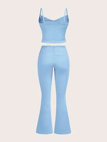 SHEIN EZwear 2pcs Blue Lace Patchwork Camisole & Flare Pants Set, Spring/Summer - Blue - View 6