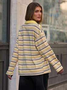 Hauture Women's Striped Drop Shoulder Long Sleeve Casual Polo Neck Loose T-Shirt - Multicolor - View 2