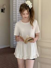 DAZY Teen Girls' Round Neck Short Sleeve Heart Pattern Pleated Casual Summer T-Shirt