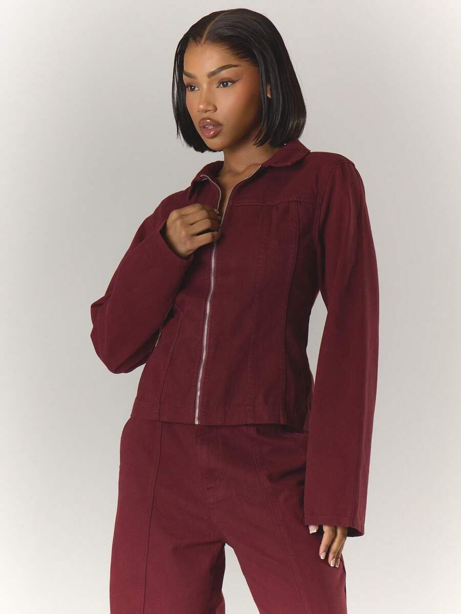 MUSERA Zip Through Long Sleeve Burgundy Top Cute Spring Summer Everyday Spring - Burgundy - View 1