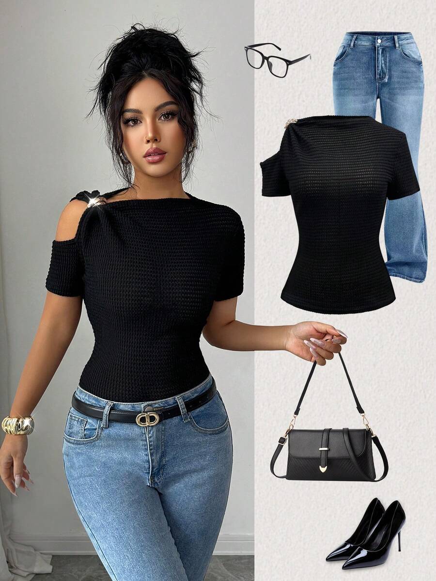 Elenzga 女士优雅通勤休闲度假时尚上衣，弹力修身短袖露肩金属纽扣装饰性感奢华黑色T恤，春夏款 - 黑色 - 查看 1