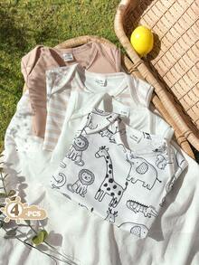 SHEIN Vintaside Kids 4pcs/Set Baby Boy/Girl Cute Knitted Elastic Striped Short Sleeve Rompers, Basic Bodysuits, Spring/Summer - Multicolor - View 3