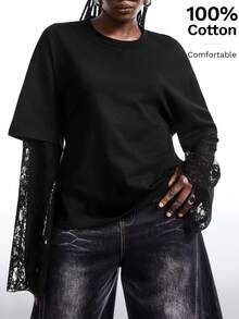 LYSMO 宽松圆领落肩撞色蕾丝休闲加大码T恤，春夏款 - 黑色 - 查看 1