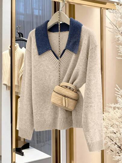 GlowEve CURVE New Fashionable Versatile Plus Size Contrast Color Collar Pullover Sweater