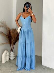 SHEIN BamGlam 2026新款春夏度假风休闲优雅吊带连体裤，正面纽扣装饰，收腰阔腿宽松设计，女士款 - 藍色 - 查看 6