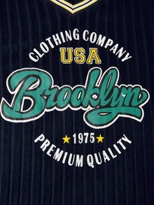 SHEIN Casuvi Kids 少女美式学院风罗纹领长袖印花上衣和百褶迷你裙两件套，适合美国节日活动