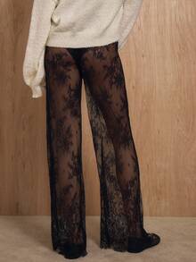 MUSERA High Waisted Flared Lace Trousers Coord Bottoms Only Winter NewYear Cute Sexy Going Out Evening Party Accented - Black - View 4