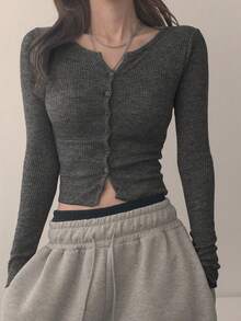 DAZY 女士纯色单排扣罗纹长袖短款T恤 - 灰色 - 查看 4