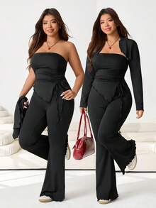 Solflare 3 قطع طقم ملابس علوية أنبوبية ذات لون واحد، وشال، وبنطلون للمقاسات الكبيرة - الأسود - مشاهدة 1