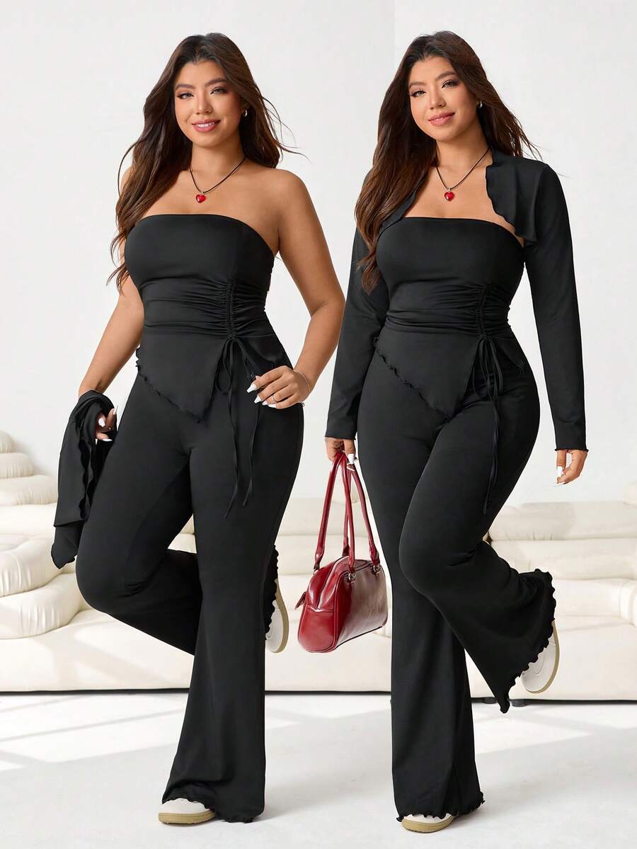 Solflare 3 قطع طقم ملابس علوية أنبوبية ذات لون واحد، وشال، وبنطلون للمقاسات الكبيرة - الأسود - مشاهدة 1