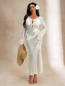 3d Flower Pattern Hollow Out Cover Up Beachwear Dress - Apricot - View 4