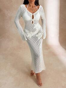 3d Flower Pattern Hollow Out Cover Up Beachwear Dress - Apricot - View 7