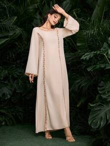 Modelyn Arabian Light Pink Patchwork Lace Straight Loose Traditional Robe Dress - Pink - View 7