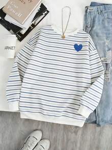 SHEIN 时尚百搭的韩版彩色条纹卫衣，适合外穿、摄影、露营、秋冬季节、返校季穿着，爱心印花，女士常规圆领 - 彩色 - 查看 5