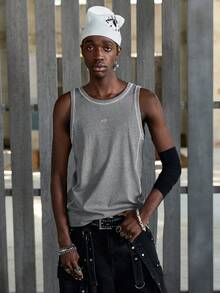 NEON BLANC Stretchy Ribbed Gym Tank Top Men | White Stitch Athletic Sleeveless Shirt - Grey - View 3