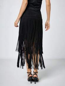 Maija Women's Black Suede Fabric Mid-Waist Cinched Waist Fringe Patchwork Design Flattering Slimming Chic Vacation Boho Casual Versatile Country Music Festival Western Style Bohemian Elegant Versatile Country Music Festival Skirt - Black - View 6