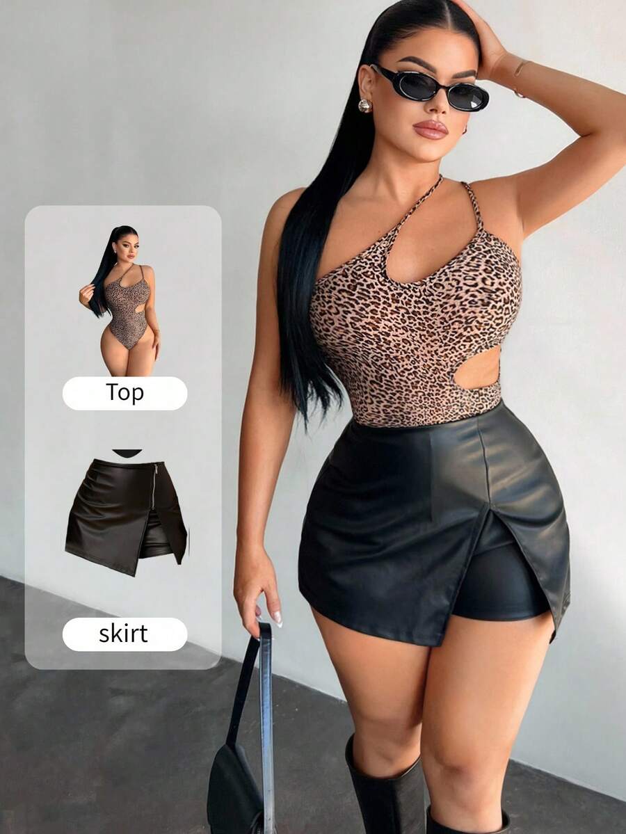 SHEIN SXY 女款灰褐色豹紋鏤空連身衣,無袖鏤空連身衣,適合夏季夜店、泳池派對、情人節、嘉年華、泳裝 - 彩色 - 查看 1
