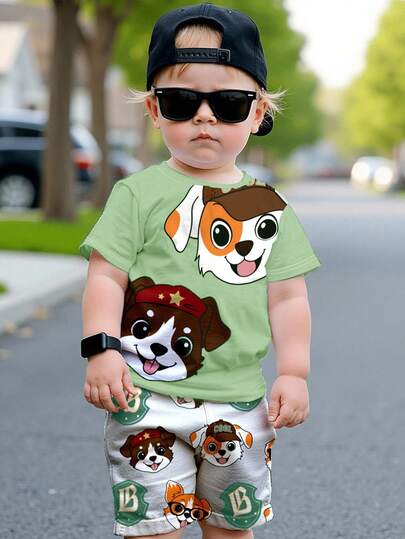 2pcs PUPPIES Kids Graphic Casual Crew Neck Short Sleeve T-Shirt And Shorts Set, Suitable For Summer