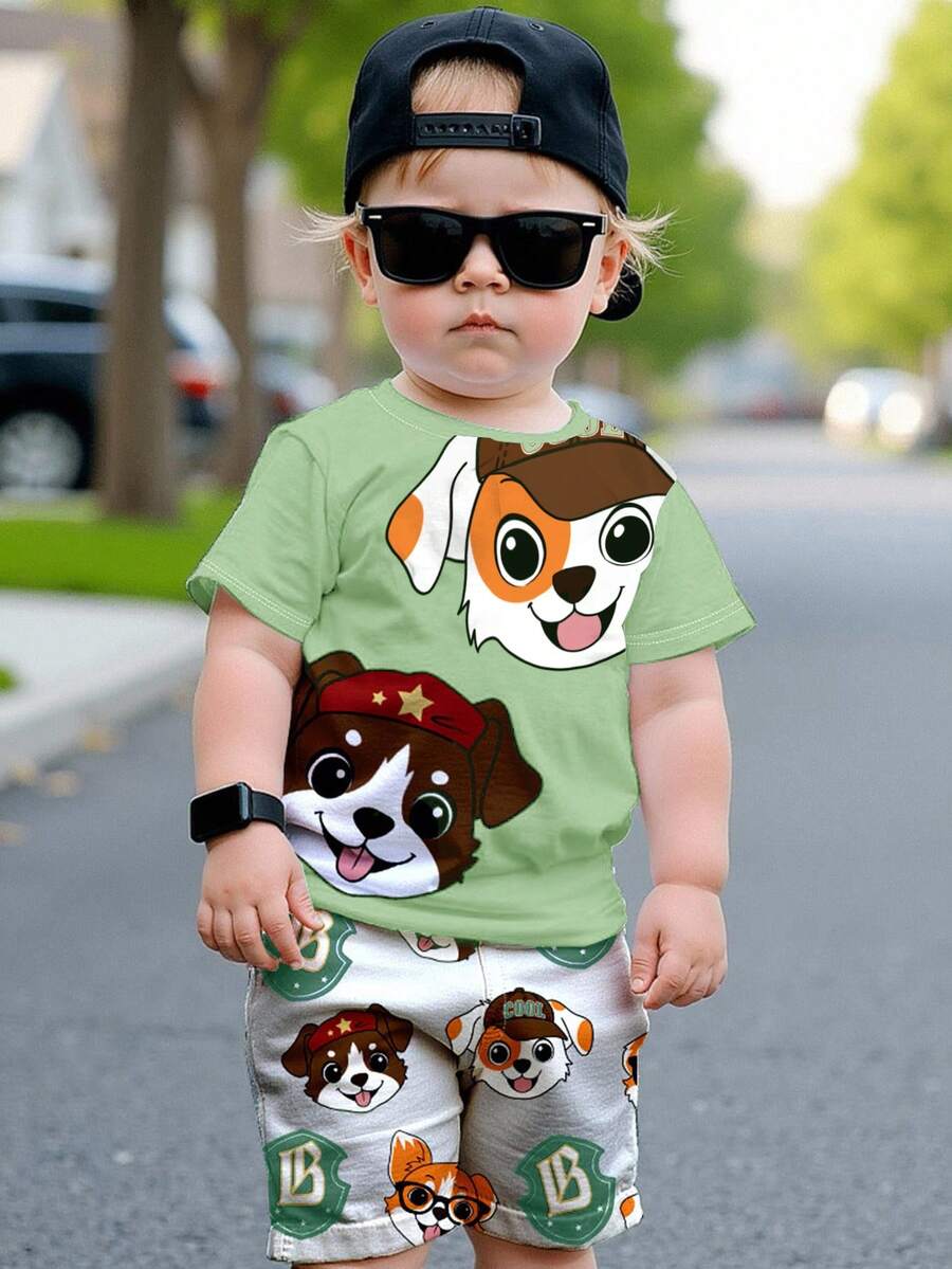 2件套小狗图案儿童休闲圆领短袖T恤和短裤套装，适合夏季穿着 - 彩色 - 查看 1
