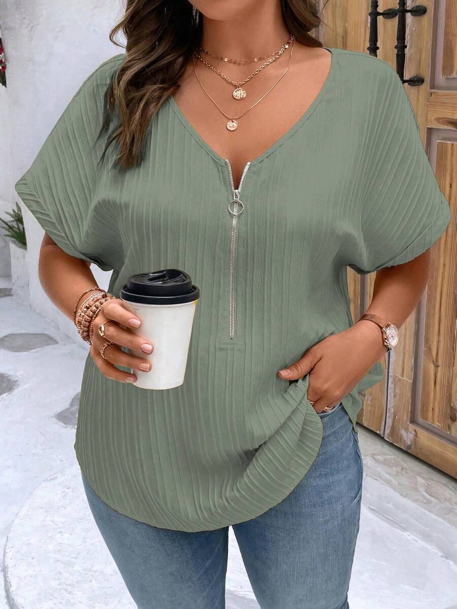 EMERY ROSE Plus Size Women's Solid Color Simple Daily Short Sleeve Shirt For New Year Clothes - Army Green - View 1