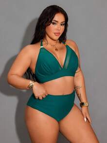 Shapewave Plus Size Women Solid Color Beach Swimwear Set - Army Green - View 3