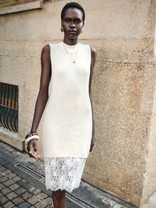 Lumivelle Sleeveless Round Neck Loose Lace Patchwork Sweater Dress Creme Dress Lace-Trimmed Hem - Beige - View 2
