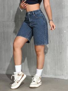 Jeanoix Bermudas de moda sin estiramiento de color azul para mujer de talla grande - Azul lavado oscuro - Ver 4