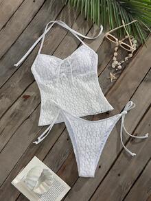 Swim Mod Ladies' Spring/Summer Beach Music Festival Knitted Jacquard Fabric White Halter Bow Knot Flower Cute Sweet Style Tankini Set - White - View 3