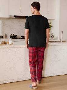 SHEIN 格子印花休闲口袋短袖裤男士睡衣套装 - 彩色 - 查看 6