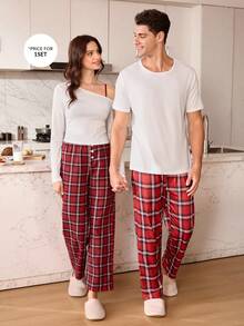 CoupledUp Plaid Print & Solid Color Short Sleeve Pajama Set For Men Plaid Pajamas Men - Multicolor - View 3
