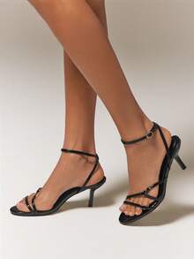 SHUZIA Women's Elegant Minimalist Round Toe Ankle Strap Stiletto Heel Sandals Valentine's Day - Black - View 2