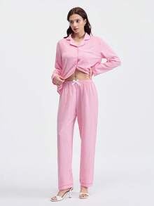 Loungeista 2 件女式蓝白条纹印花睡衣套装，长袖纽扣领上衣和裤子，休闲睡衣家居服，适合秋冬，秋季服装 - 粉色 - 查看 4