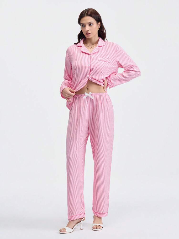 Loungeista 2 件女式蓝白条纹印花睡衣套装，长袖纽扣领上衣和裤子，休闲睡衣家居服，适合秋冬，秋季服装 - 粉色 - 查看 4