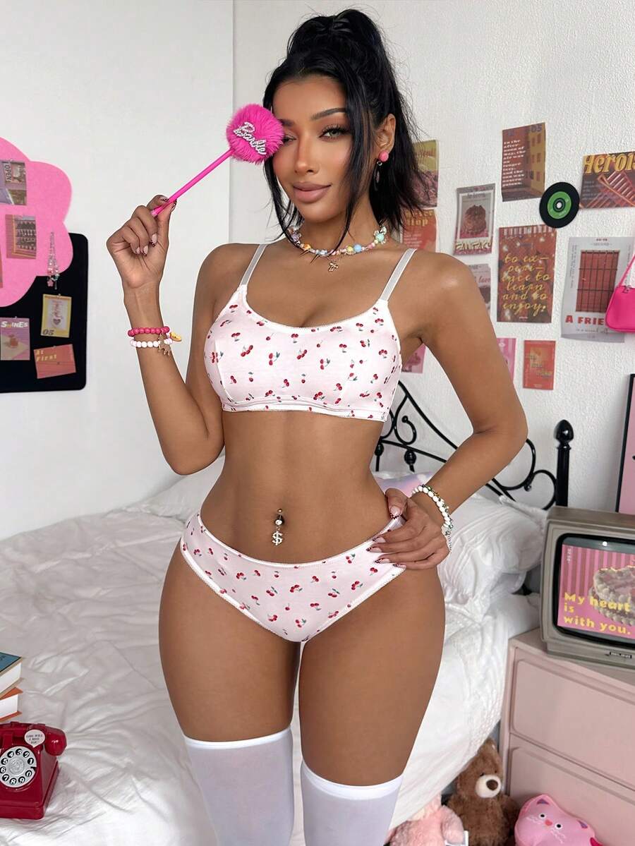 Eraneu 2pcs Cherry Print Lingerie Set, Bra And Panty For Women - Pink - View 1