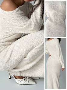Aloruh Noua casă pentru femei Ocazional Zilnic Guler cu umeri înclinați Linie de cuvinte Călduță, subțire, cu mâneci lungi, tricotate de pluș, rochii albe de pulover, toamnă/iarnă - alb - Vizualizare 8