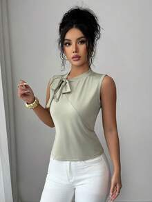 Aalyst Women's Fashion Loose Scoop Neck Sleeveless Tank Top, Tie Neck & Fishbone Splice Design, Versatile Casual Tank Top - Green - View 6