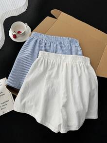 SHEIN 2pcs/Set Teen Girl Summer Casual Loose Fitting Shorts,Linen Striped And White Drawstring Wrap Shorts Set For Beach Holiday,Cotton Boxers - Blue and White - View 2