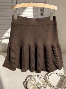 Comfortcana Falda de punto de unicolor informal de talla grande - Marrón - Ver 2