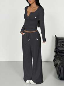 SHEIN EZwear 女士针织长袖上衣和裤子休闲套装（2件套） - 深灰色 - 查看 3