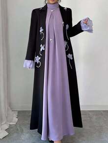 Yasmyna Áo Abaya thanh lịch dành cho nữ, cổ ve áo, tay loe, họa tiết hoa. - màu đen - Xem 3