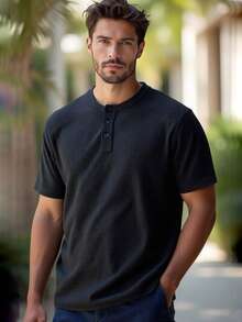 Mainfolk Men's Black Henley Shirt,Summer Casual Holiday Textured Solid Color Button Half Placket Short Sleeve T-Shirt Simple Fashion Commuting Western Style - Black - View 4