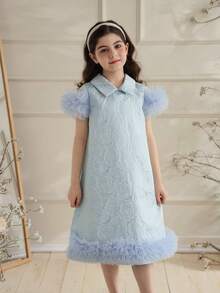 1pc Girls Vintage Elegant Floral Jacquard Dress, Collared, Cap Sleeve, Layered Mesh Skirt, A-Line, Princess Style, Suitable For Summer - Blue - View 1