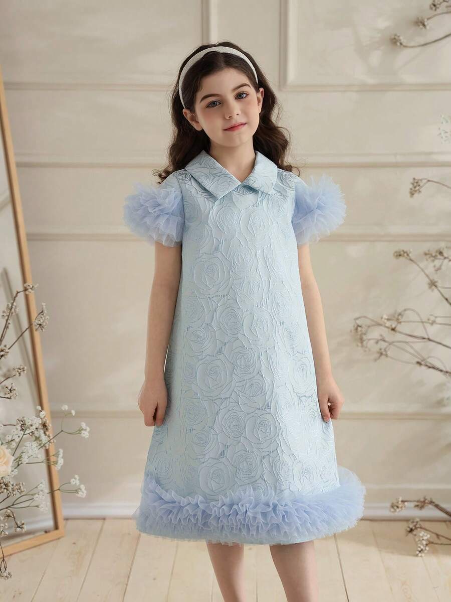 1pc Girls Vintage Elegant Floral Jacquard Dress, Collared, Cap Sleeve, Layered Mesh Skirt, A-Line, Princess Style, Suitable For Summer - Blue - View 1