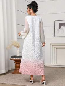 Yasmyna Women's Elegant Arabic Style Chiffon Dress With Textured Gradient Patchwork, Long Sleeve, Stand Collar, A-Line Silhouette, Spring/Summer