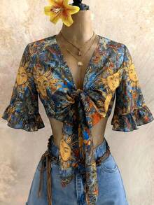 Arcane Artistry Women's Casual Vacation Style Sun Face Print Front Tie Cropped Top - Multicolor - View 4